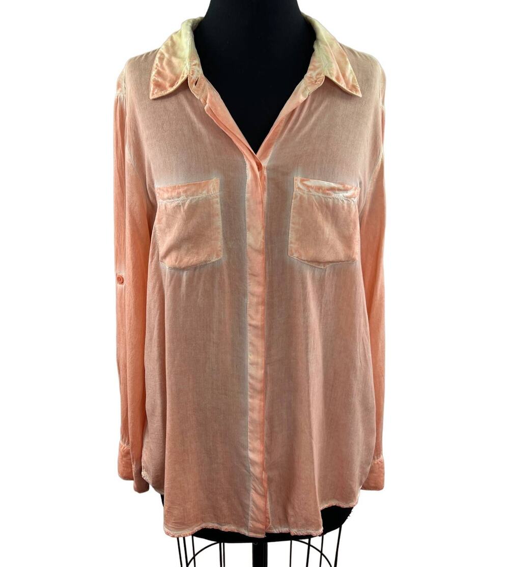 BLL Top Orange Ombre Button-Up Long Sleeve Split Black Top Roll-Tab Sleeves M